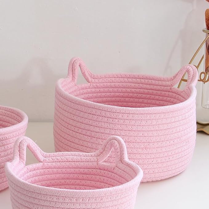 Small Cat Ears Basket, Woven Cotton Rope Organizer with Handles - Decorative Nursery Bin & Box for Baby, Pet Toy Storage