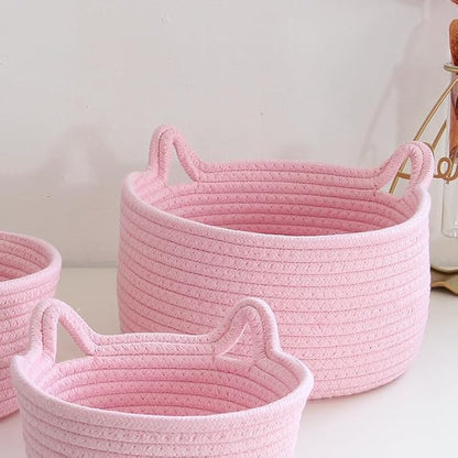Small Cat Ears Basket, Woven Cotton Rope Organizer with Handles - Decorative Nursery Bin & Box for Baby, Pet Toy Storage
