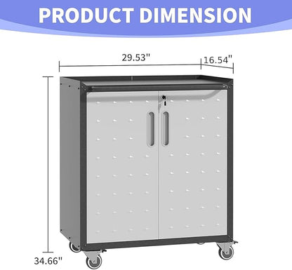 Metal Garage Storage Cabinet on Wheels, Lockable Rolling Tool Cabinet with Doors and Shelves, Heavy Duty Mobile Steel Cabinet for Garage Warehouse Workshop