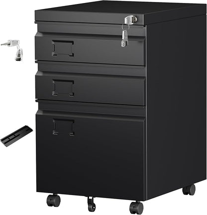 Aobabo 3 Drawer Metal File Cabinet with Lock, Heavy Duty Under Desk Rolling Filing Cabinet for Home Office Organizer, Mobile Pedestal with 5 Wheels for Letter and Legal Size, Black,Required Assembly