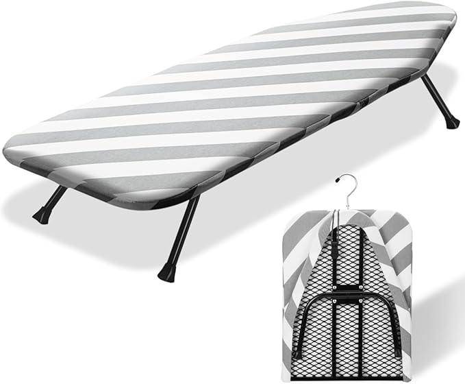 SheeChung Small Ironing Board 12"x32" Foldable Ironing Board with Cotton Cover and Pad,Tabletop Compact Ironing Broad with Retractable Hook & Skidproof Feet for Small Spaces Laundry Room,Grey Striped
