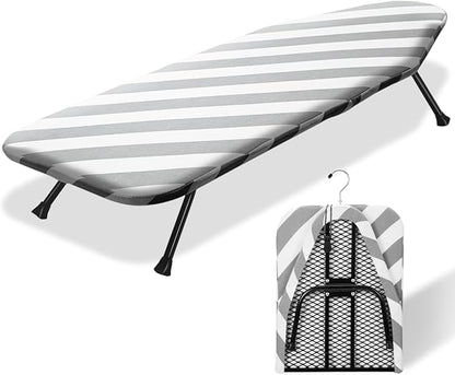 SheeChung Small Ironing Board 12"x32" Foldable Ironing Board with Cotton Cover and Pad,Tabletop Compact Ironing Broad with Retractable Hook & Skidproof Feet for Small Spaces Laundry Room,Grey Striped
