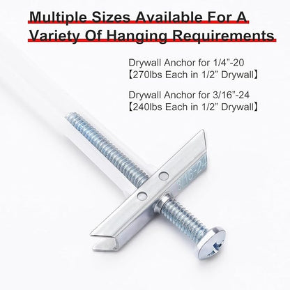 Drywall Anchor with Included Bolts for 3/16”-24, Heavy Duty Hollow Drywall Anchors for TV Mounting Kit, Stainless Steel Hollow Wall Anchors Holds up to 240 lbs Each in 1/2-in Drywall-10 Pack