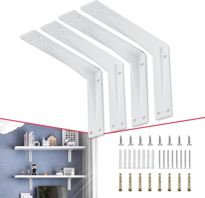 CLT 12” White Shelf Bracket, 1/5" Thick – Heavy Duty Corner Brace, Supports 330 lbs, Industrial Modern Farmhouse Style – Right Angle Bracket for Tables, Benches, DIY Space-Saving Projects (Pack of 4)