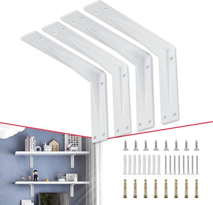 CLT 6” White Shelf Bracket, 1/5" Thick – Heavy Duty Corner Brace, Supports 220 lbs, Industrial Modern Farmhouse Style – Right Angle Bracket for Tables, Benches, DIY Space-Saving Projects (Pack of 4)