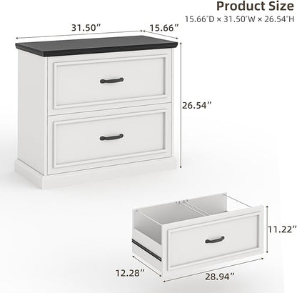 2 Drawer File Cabinet, Farmhouse Lateral Filing Cabinet for Letter/A4/F4/Legal Size Hanging Files, Large Wood File Storage Cabinets Printer Stand for Home Office, White and Black