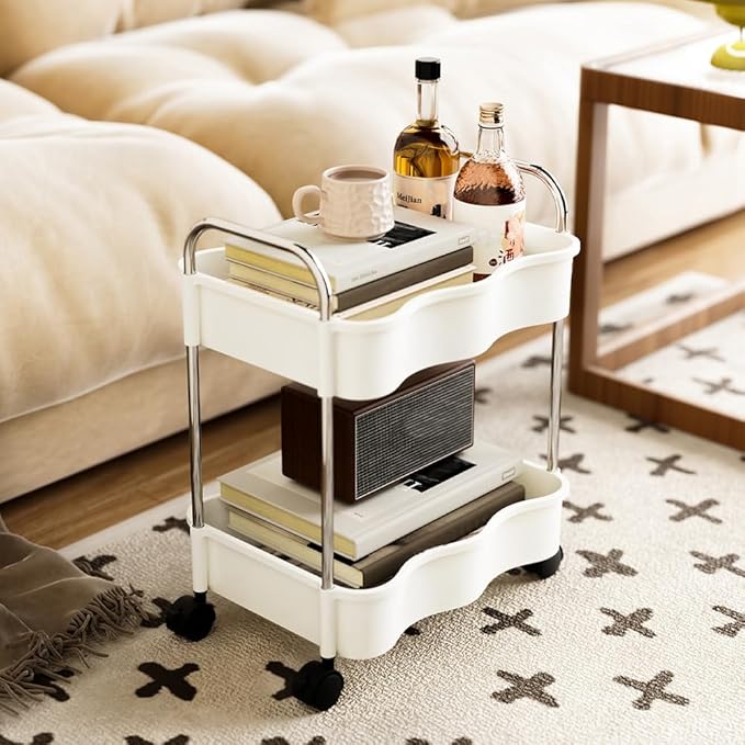 2 Tier Utility Rolling Cart with Wheels Under Desk Storage Cart Organizer with Handle for Home Kitchen Bathroom Office Organization White