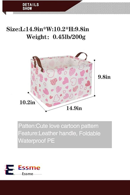 Essme Rectangular Pink Basket,Heart Storage Bins Organizer with Handles for Girls Room Decor, Heart Basket,Shelf Basket.(Pink Heart)