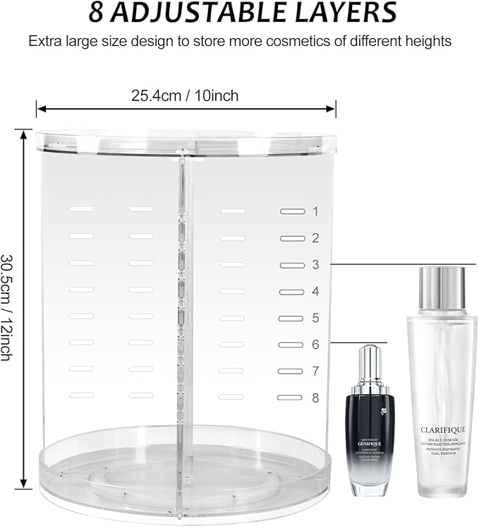 Rotating Makeup Organizer, 360 Spinning Skincare Organizers, 8 Adjustable Layer Cosmetic Storage Case with Brush Holder Perfume Tray for Vanity Bathroom Countertop - Large