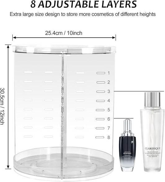 Rotating Makeup Organizer, 360 Spinning Skincare Organizers, 8 Adjustable Layer Cosmetic Storage Case with Brush Holder Perfume Tray for Vanity Bathroom Countertop - Large
