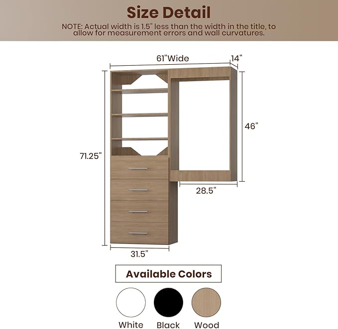 ROOMTEC Modular Closet System, 61" Wall-Mounted Closet Organizer with Drawers and Hanging Rods, Wooden Tower for Walk-In Closets, Wardrobe Storage Kit, Wood