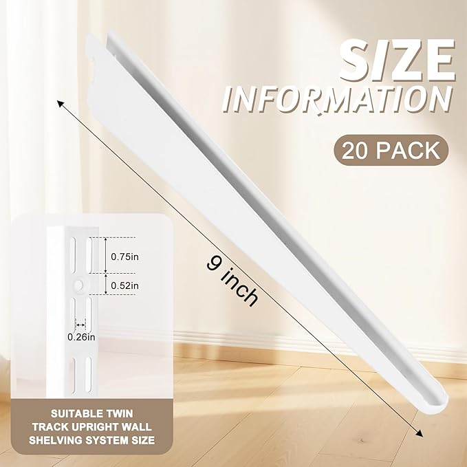 20 Pack Adjustable Wire Shelf Brackets — Heavy-Duty Double-Track Compatible Shelf Supports (White,9 Inch)