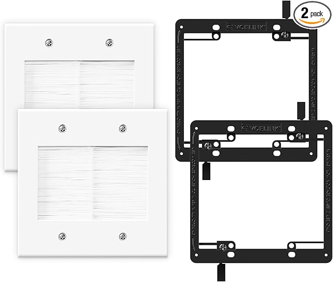 VCELINK 2 Gang Brush Wall Plate 2 Pack, Cable Pass Through Wire Hider for Cable Management, Compatible with Ethernet Cables, HDMI Cables & Home Theater Systems (White, with Bracket)
