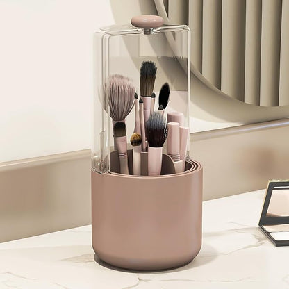 Makeup Brush Holder with Dustproof Cover, Clear 360 Rotating Make Up Brushes Organizer for Counter Vanity Bathroom, Pink