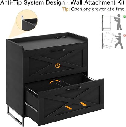 Lateral File Cabinet with Charging Station, 2 Drawer File Cabinet for Letter/Legal/A4 Size Hanging Files, Large Wood File Storage Cabinets Printer Stand for Home Office, Black