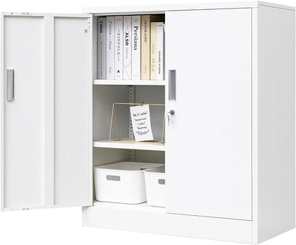 BESFUR Metal Garage Storage Cabinet with 2 Locking Doors and 2 Adjustable Shelves, 36" White Metal Short Storage Cabinet for Home Office, Garage,School,Utility Room