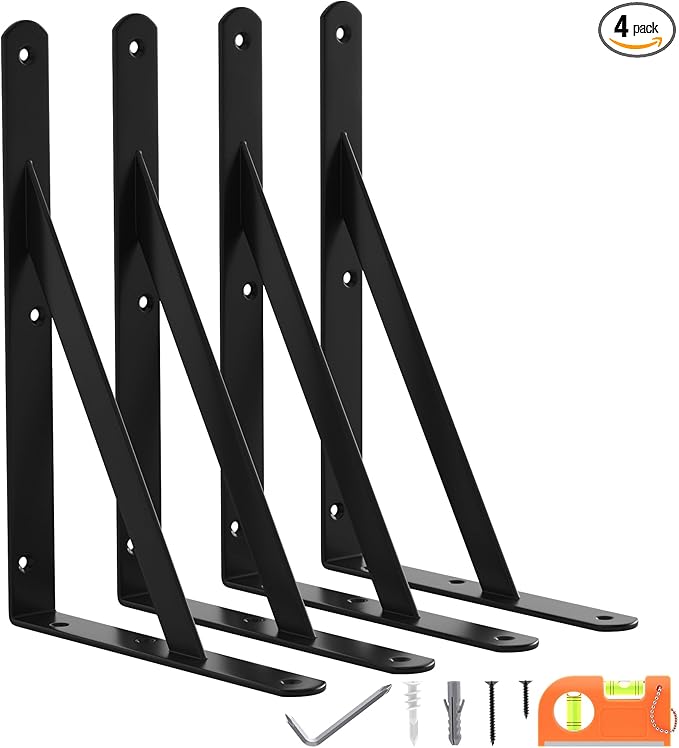 4-Pack 11 Inch Heavy Duty Shelf Brackets, Large Floating Wall Bracket for Garage Storage Shelves, Black Powder-Coated Finish, Load Capacity 800lbs