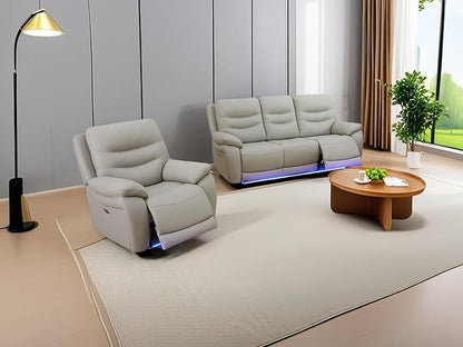 Power Reclining Sofa Set, Living Room Furniture Sets, 2-Piece Light Grey Breathing Leather Sofa and Chair with 3 Recliner Seats/Cup Holder/LED Light/USB Port for Living Room, Apartment, Office