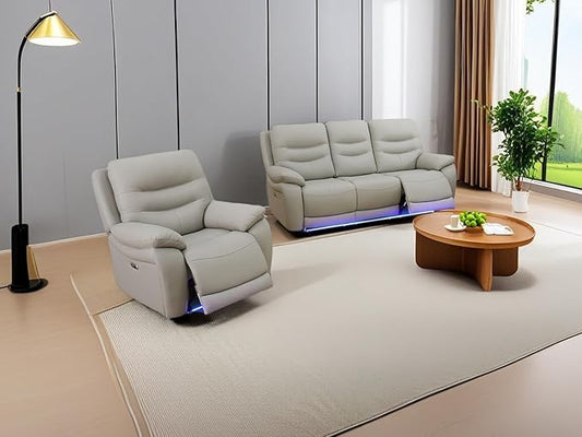 Power Reclining Sofa Set, Living Room Furniture Sets, 2-Piece Light Grey Breathing Leather Sofa and Chair with 3 Recliner Seats/Cup Holder/LED Light/USB Port for Living Room, Apartment, Office