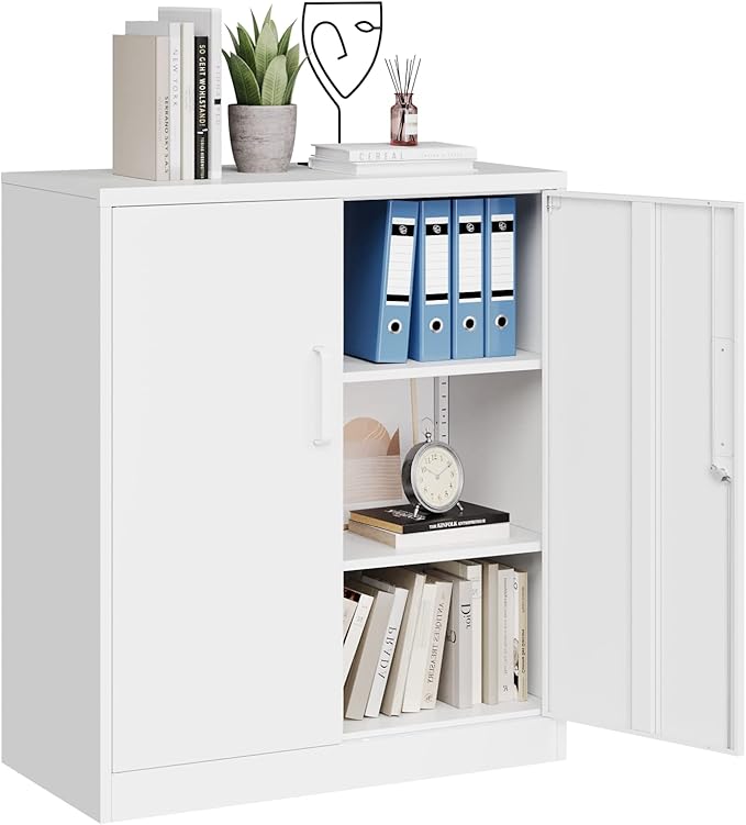 MIIIKO Metal Storage Cabinet with Locking Doors, 2-Door Locker with 2 Shelves, White Metal Cabinet with Lock for Home Office, Garage, Utility Room, Kitchen and School