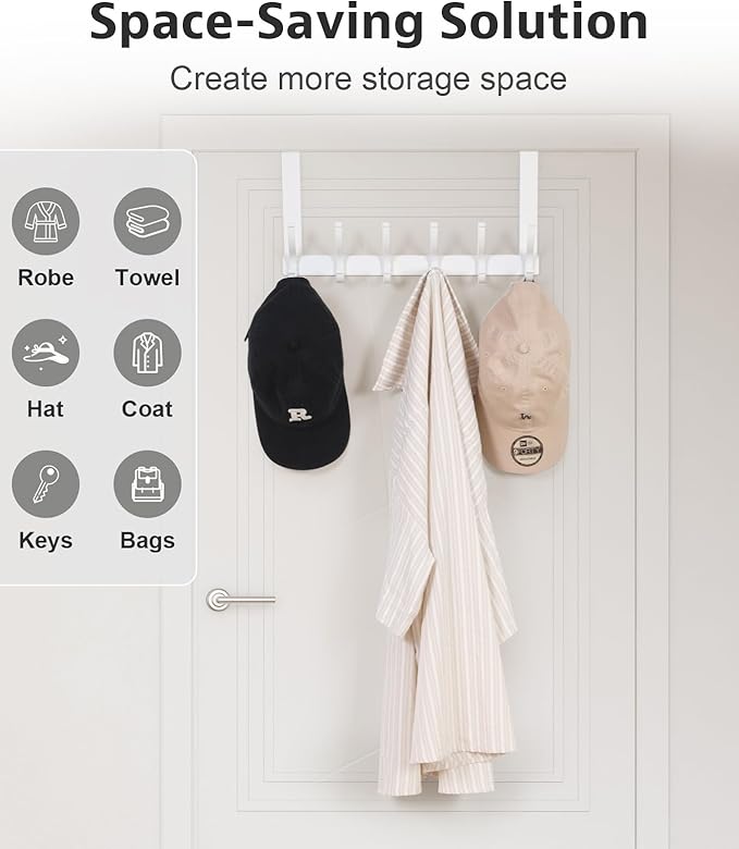 Door Hooks for Hanging, Over The Door Towel Racks for Bathroom, Coat Rack Door Towel Hanger Towel Hooks (2Pack, White, Fit 1-3/4" Doors)