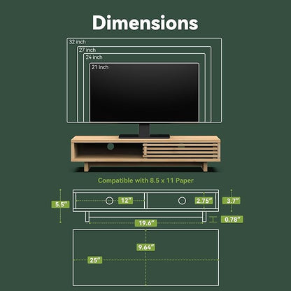 Monitor Stand Riser with Sliding Door, Computer Laptop Stand Desk Shelf Organizer with Storage (Natural Bamboo, 25 Inch)