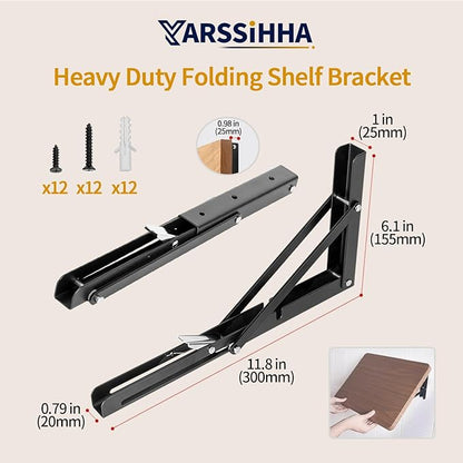 Yarssihha 12 Inch Folding Shelf Bracket, 4 Pack Heavy Duty Wall Mounted Foldable Brackets, Space-Saving Metal Collapsible Shelf Brackets, Max Load:180lbs