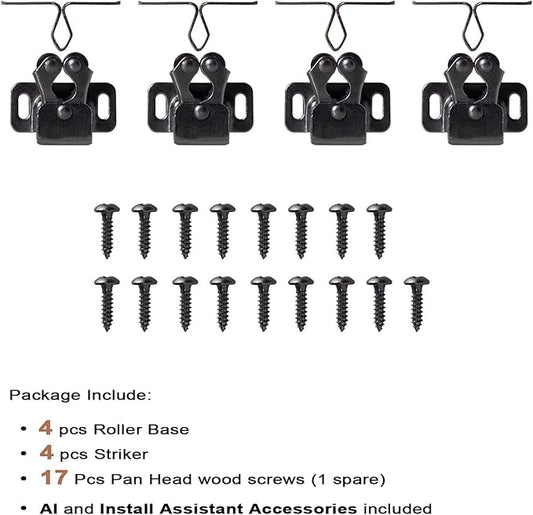 4 PCS Cabinet Latch Double Roller Catch Hardware for Cupboard Closet Kitchen Cabinet Door Latches and Catches, Black Nickel