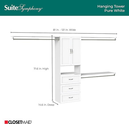 ClosetMaid SuiteSymphony Hanging Closet Kit Includes (1) Tower, (3) Closet Rods, (4) Shelves, (3) Top Shelves w/Brackets, (3) Drawer, and (1) Closet Door Set, White