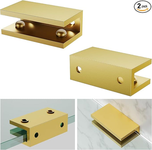 Ranbo 2 Pcs Solid Brass Glass Shelf Brackets, Heavy Duty 4mm Thick Design，for 1/4" to 1/2" Frameless Glass Panels, Wall Mount Support Clips for Shower and Shelves, Brushed Gold
