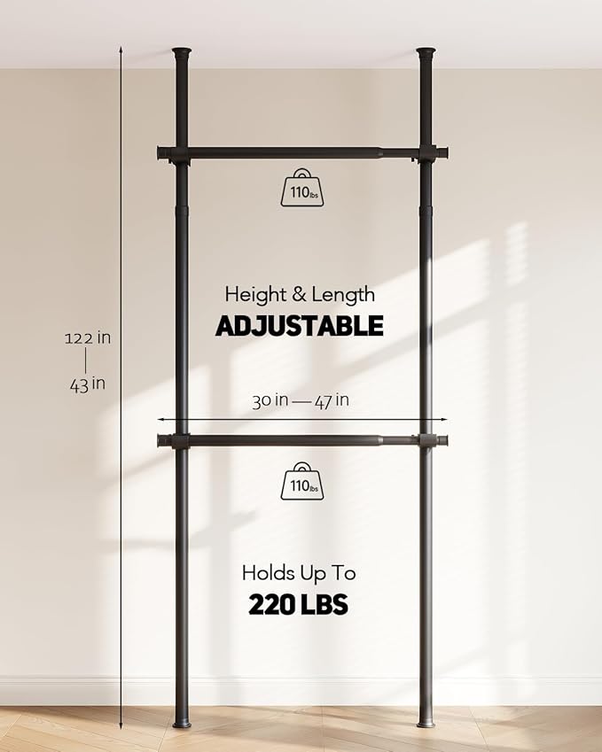 Floor to Ceiling Clothes Rack, Heavy-Duty Telescopic Garment Rack, 43–122in Height & 30–47in Width, 220lbs Total Load Capacity, 2-Pole, Black