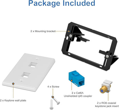 Iwillink 10Gbps Ethernet Wall Plate CAT6A, 2-Port Keystone Wall Plate and Jack Outlet, COAX Wall Plates with Single Gang Low Voltage Mounting Bracket - 2 Pack