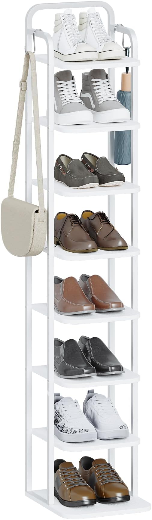 8 Tiers Vertical Shoe Rack, Narrow Shoe Tower, Tall Shoes Shelf with 2 Hooks, Adjustable Shelves, Corner Shoes Shelves for Small Spaces, Entryway, Living Room, White SR04313W