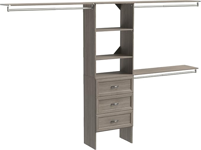 ClosetMaid SuiteSymphony Wood Closet Organizer Kit with Tower, 3 Hang Rods, Top Shelves, 3 Drawers, Adjustable, Fits Spaces 6 - 10 ft. Wide, Graphite Grey