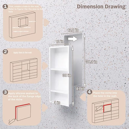 No Tile Needed Shower Niche for Bathroom Storage,Recessed Wall Niche,Three-Tier Shelves,Stainless Steel 12"×30" Matte White (White, 30 * 12 in)