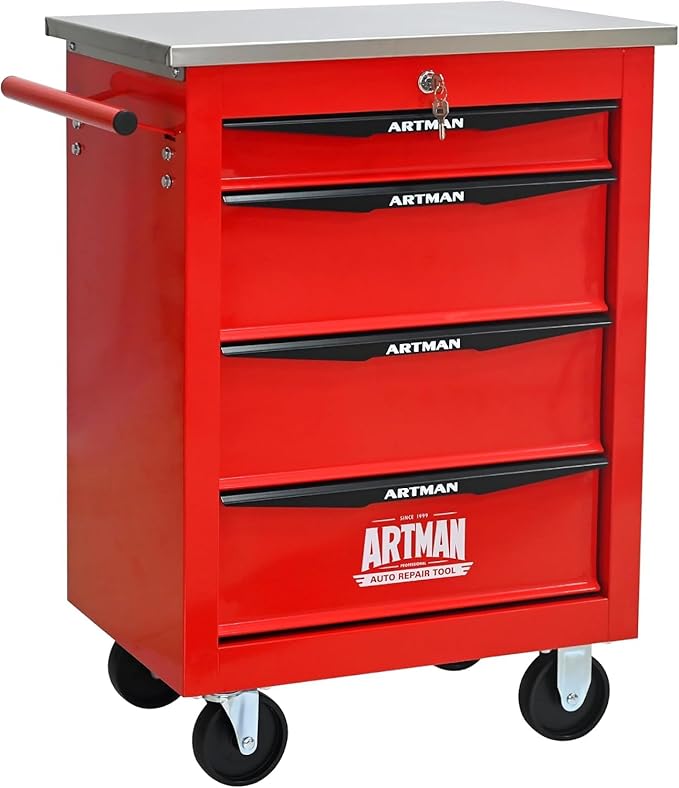 4-Drawer Rolling Tool Chest with Stainless Steel Countertop,Tool Chest with Secure Locking System,Mobile Storage Tool Cabinet with 360°Wheels and Padded Feet,for Home,Garage (Red)