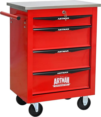 4-Drawer Rolling Tool Chest with Stainless Steel Countertop,Tool Chest with Secure Locking System,Mobile Storage Tool Cabinet with 360°Wheels and Padded Feet,for Home,Garage (Red)