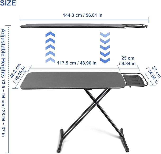 Duwee 18"x46" Ironing Board with Heat Resistant Cover and Thicken Felt Pad,Deluxe Iron Board with Steam Iron Rest,Adjustable Height Heavy Duty Ironing Board Full Size,Heavy Sturdy Legs,Black