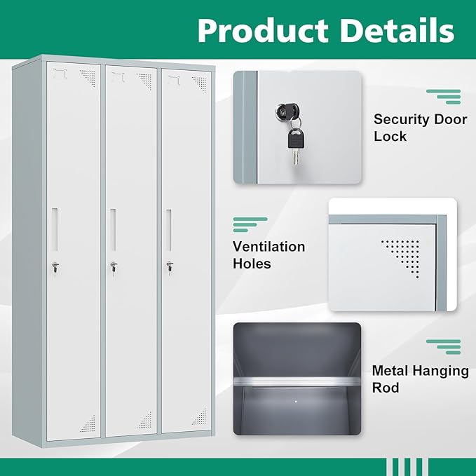 Letaya Metal Lockers for Employees，71" Employees Storage Cabinet with Lock, Steel Storage Locker for Gym, School, Home, Office Staff (Grey White, 3 Door)