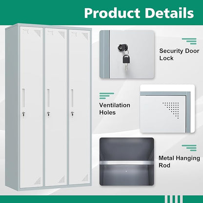 Letaya Metal Lockers for Employees，71" Employees Storage Cabinet with Lock, Steel Storage Locker for Gym, School, Home, Office Staff (Grey White, 3 Door)
