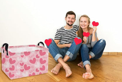 Essme Rectangular Valentine's Day Basket,Pink Heart Storage Bins Organizer with Handles for Girls Room Decor, Gift Basket,Shelf Basket.(Pink love heart)