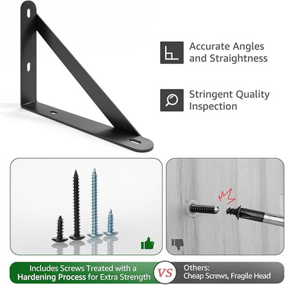6x4.5 Shelf Brackets 2-Pack, Shelf Support Shelf Holder Steel Wall Mount Heavy Duty Small L Shape Triangle 90 Degree Metal Black with Screws Anchors Soporte de Estante