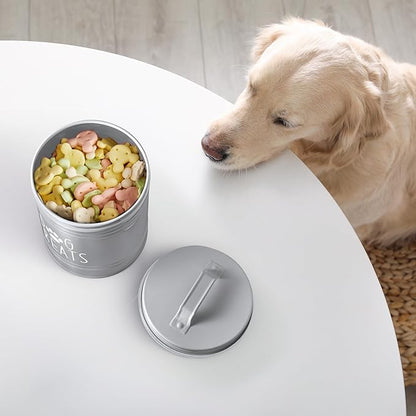 Small Dog Treat Container Airtight - 6" Tall X 4.9" Round Gray Dog Treat Jar for Kitchen Counter - Rustic Treat Storage Canister for Dogs, Cats, Small Animals - Gifts for Pet Owners