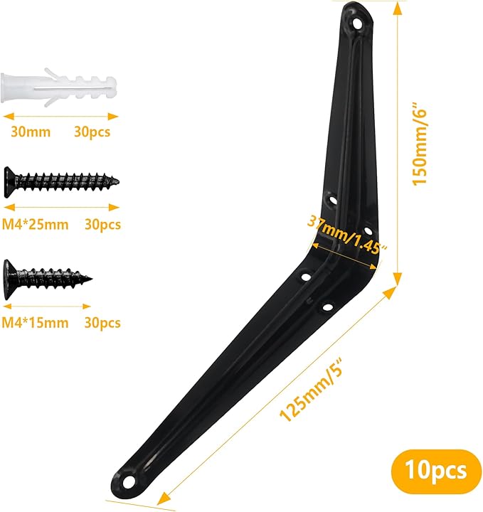 Lilaly 10 Pack Shelf Brackets 6 Inch Shelf Bracket, Heavy Duty L Brackets for Shelves for Hanging Floating Shelves Brack with Screws and Wall Anchors(5"x6",Black)