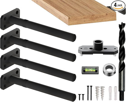 Invisible Floating Shelf Bracket 8 Inch Rod 3/4 inch Diameter Heavy Duty with Jig – Hidden Metal Mantel Mount for Wall Shelves – Floating Shelf Hardware for Bathroom, Kitchen & Living Room (4 Pack)