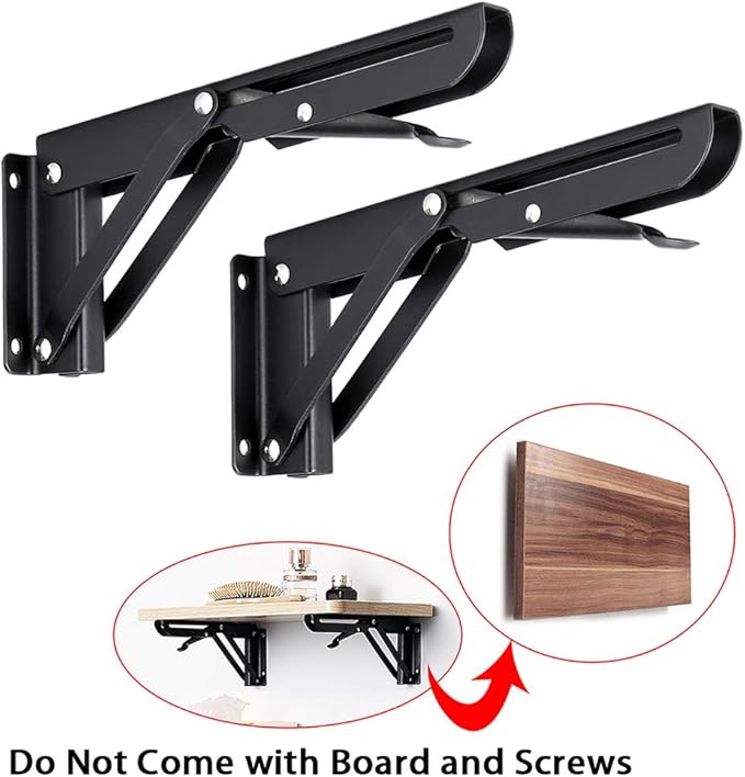 Sumnacon Sturdy Folding Shelf Brackets - Heavy Duty Black Metal Triangle Table Bench Folding Shelf Bracket 8 Inch, 2 Pcs Folding Shelf Hinge Wall Mounted, Max Load 99lb
