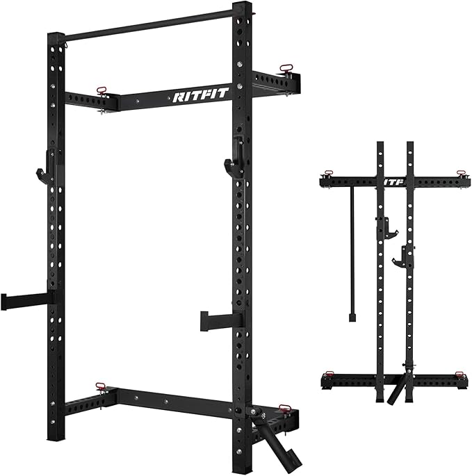 RitFit 2.36'' x 2.36'' Folding Squat Rack for Home Gym, Wall Mounted Squat Rack with Attachments - Space Saving Squat Power Rack