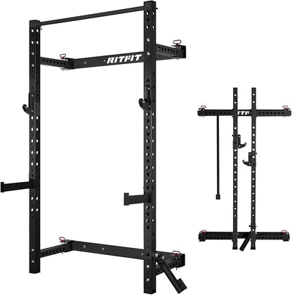RitFit 2.36'' x 2.36'' Folding Squat Rack for Home Gym, Wall Mounted Squat Rack with Attachments - Space Saving Squat Power Rack