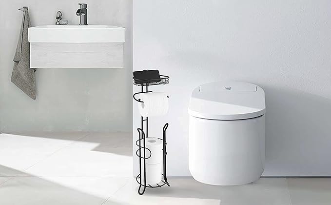 SunnyPoint Bathroom Heavyweight Toilet Tissue Paper Roll Storage Holder Stand with Reserve and Shelve, The Reserve Area Has Enough Space to Store Mega Rolls. (Black)