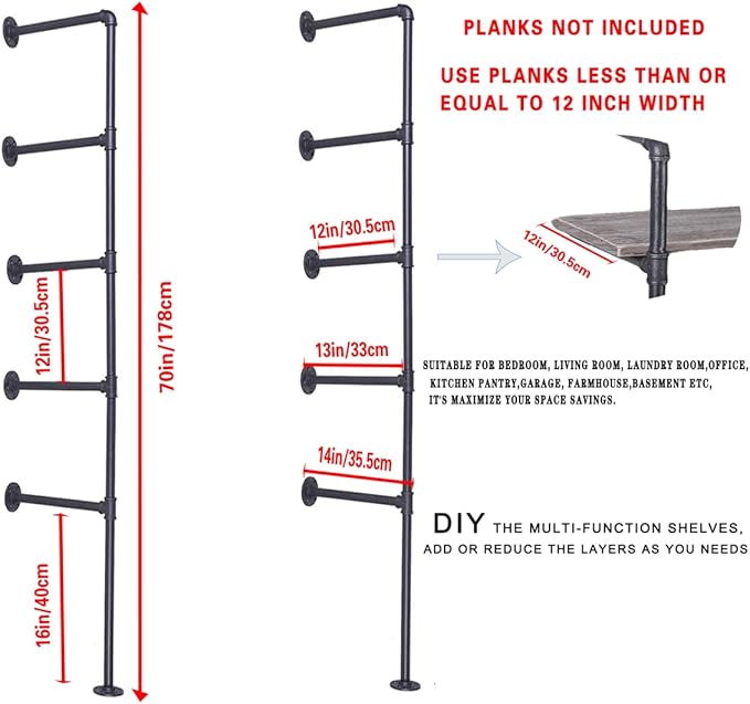 Industrial Wall Mount Iron Pipe Shelf Bracket,Vintage Retro Black DIY Open Bookshelf, Storage Shelves, Ceiling hung Shelves for Home Kitchen Office(2PcsX5Tier,70" Tall,12"deep,Hardware Only)